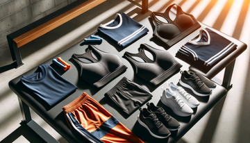 sports apparel and equipment displayed on a gym bench in bright natural light