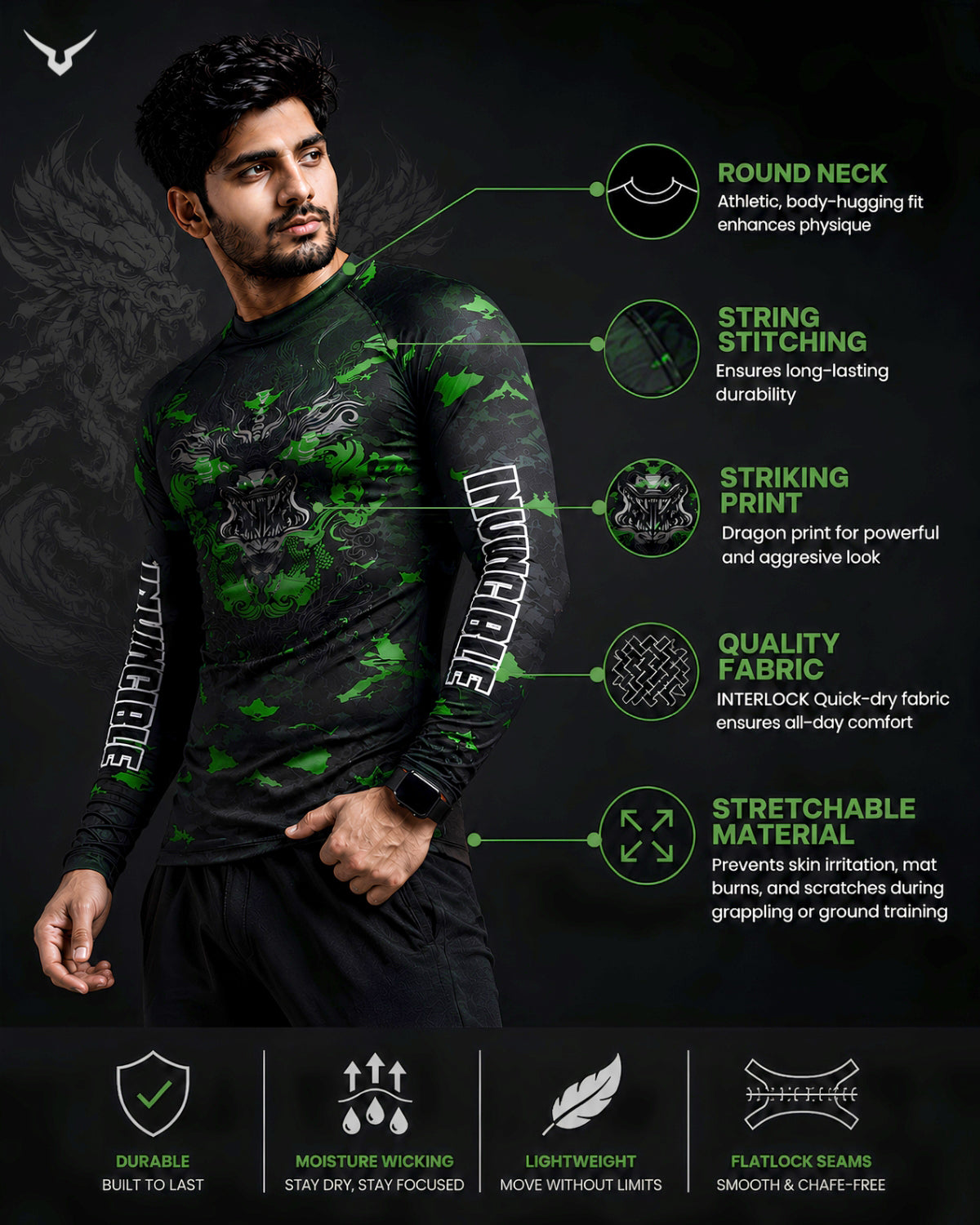 Invincible Men's Full Sleeves Dragon Rash Guard