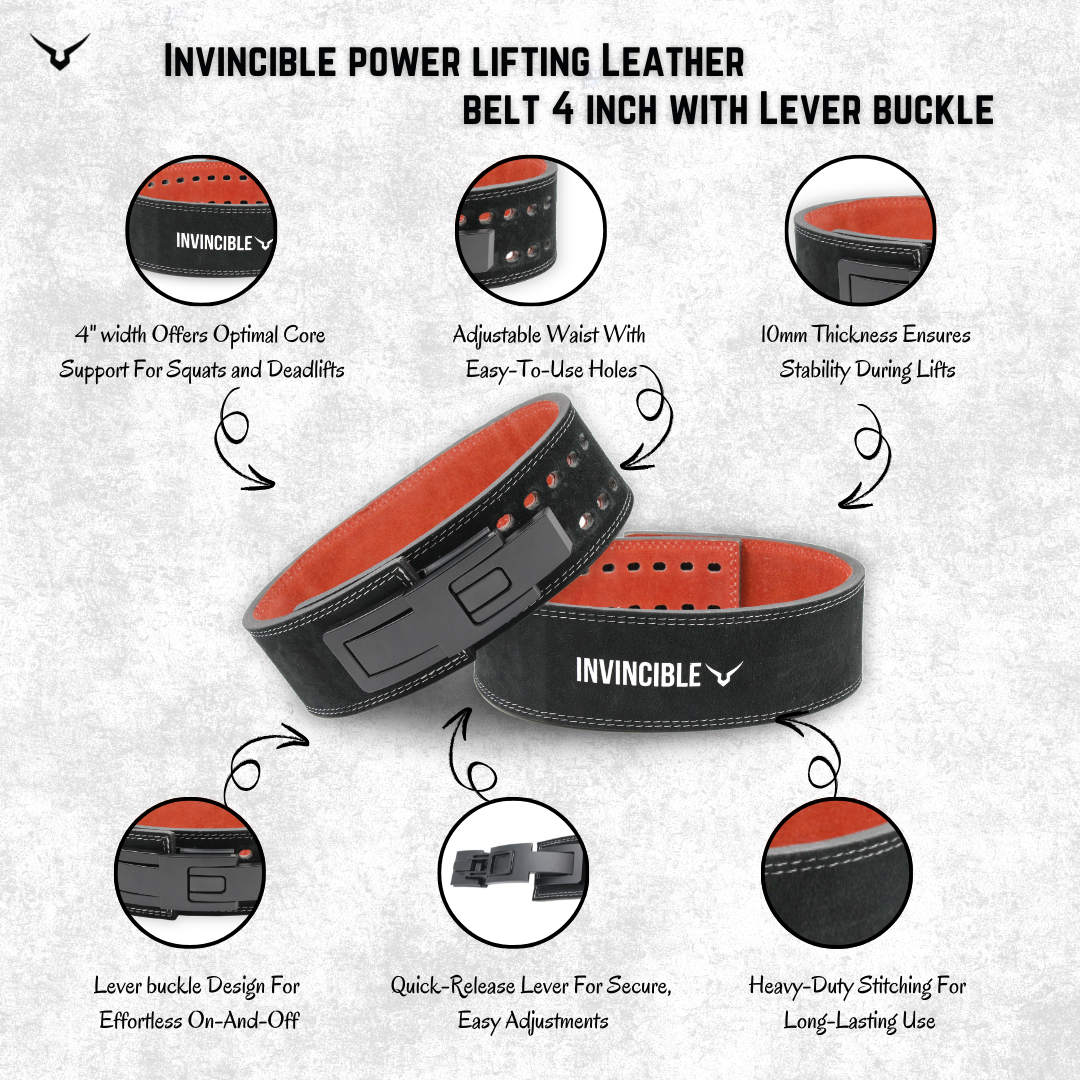 Invincible Power Lifting Leather Belt 4 Inch with Lever Buckle