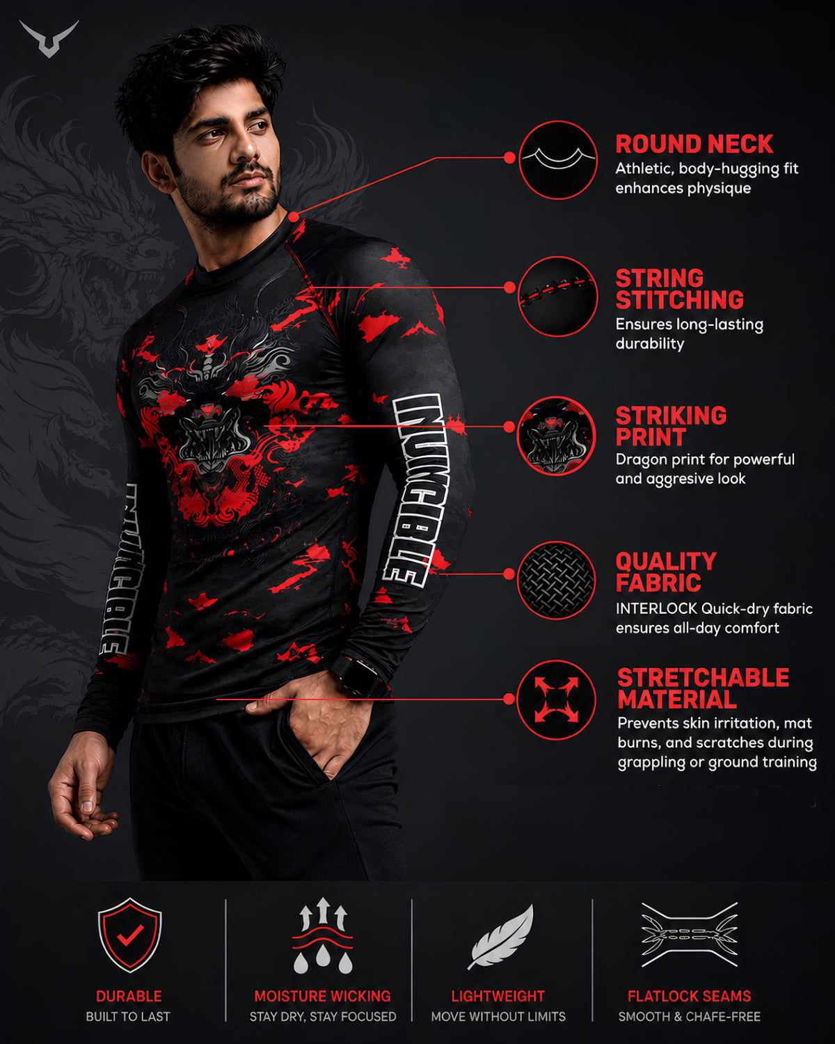 Invincible Men's Full Sleeves Dragon Rash Guard
