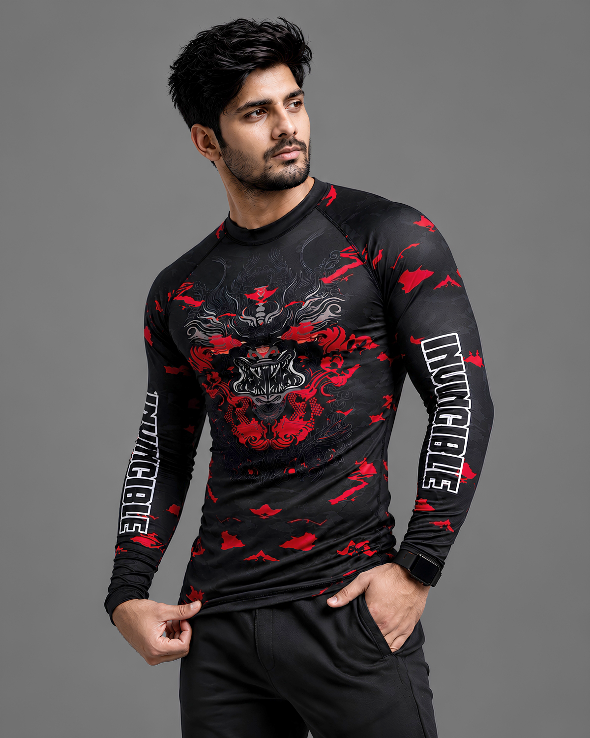 Invincible Men's Full Sleeves Dragon Rash Guard