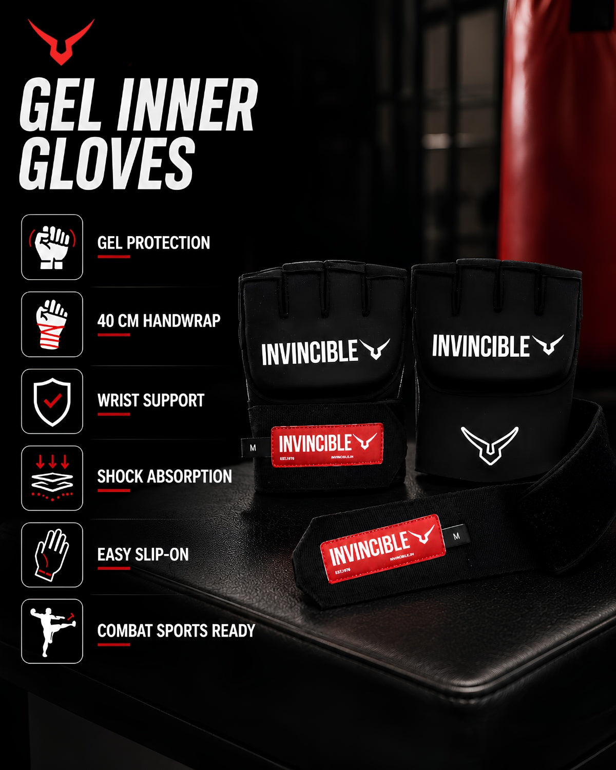 INVINCIBLE GEL INNER GLOVES WITH 40 CM HANDWRAP