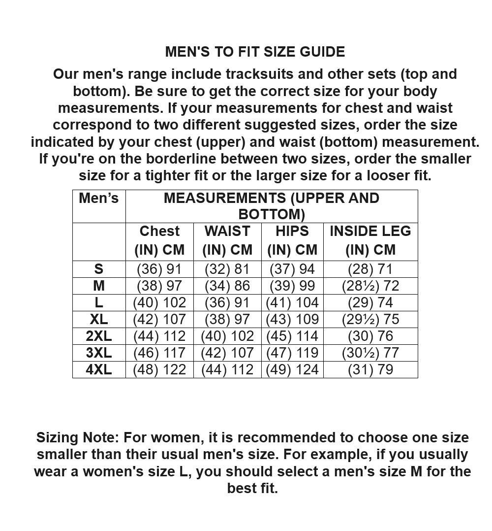 Size Chart for Sauna Suit